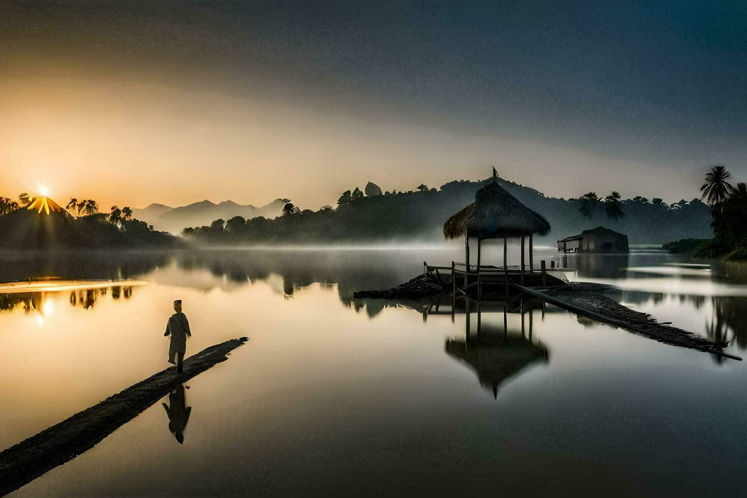 un hombre soportes en un muelle a amanecer en un lago. generado por ai foto