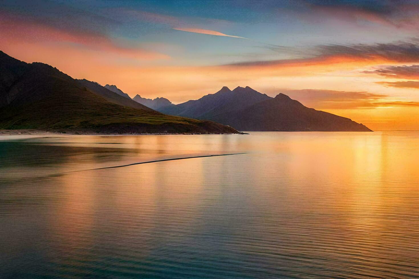 puesta de sol terminado el lofoten islas, Noruega. generado por ai foto