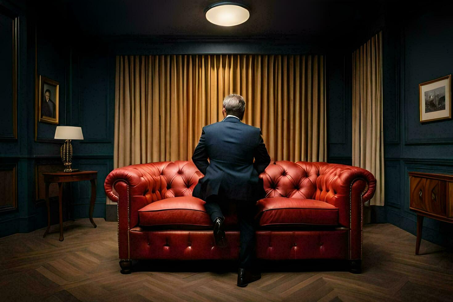 a man in a suit sits on a red couch in a room. AI-Generated photo