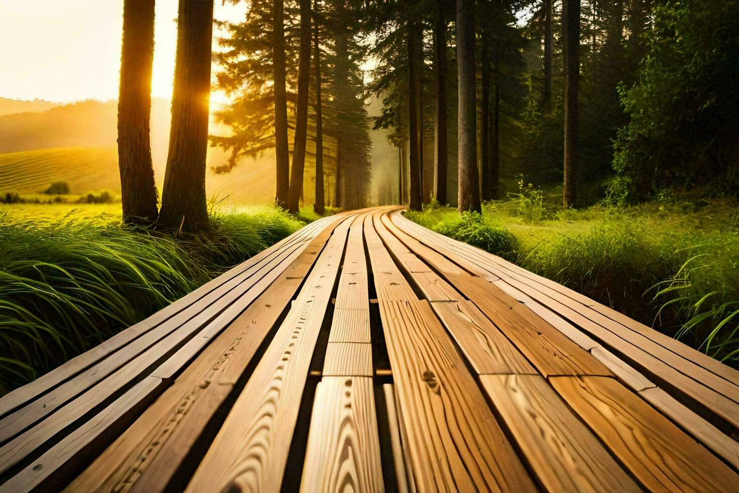 wooden path in the forest at sunset. AI-Generated photo