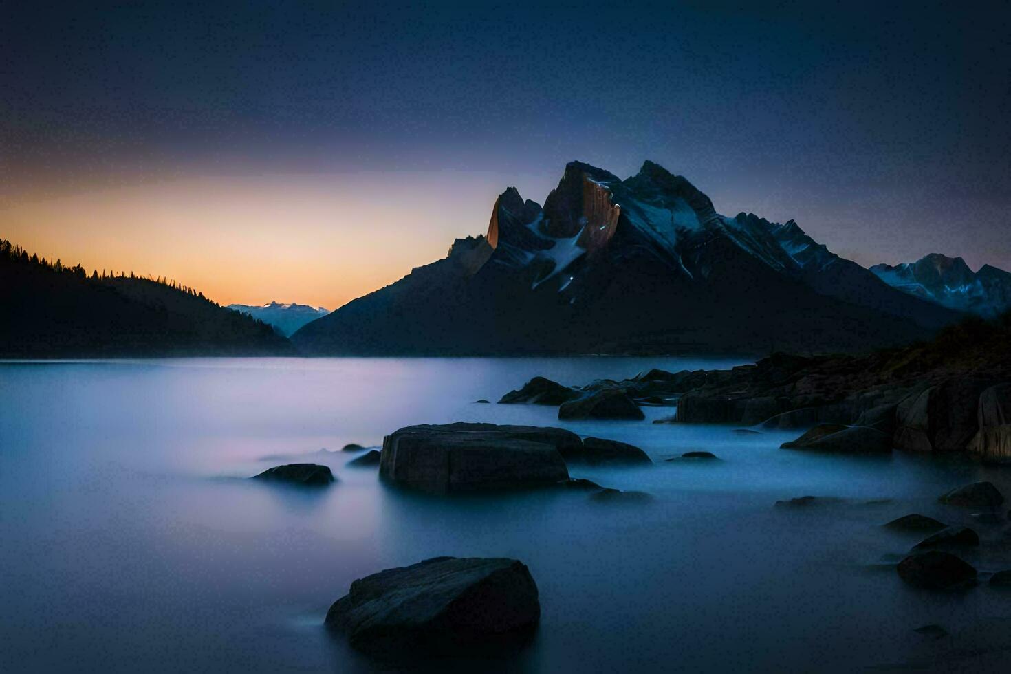 a mountain range is seen in the distance at sunset. AI-Generated photo