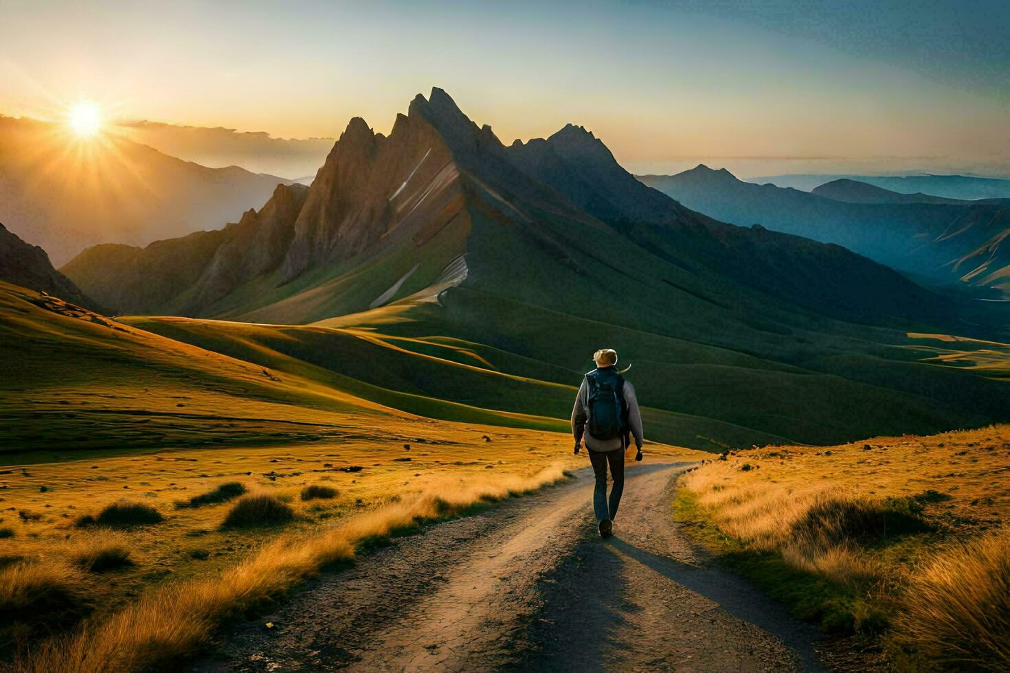 a man walks on a dirt road in the mountains. AI-Generated photo