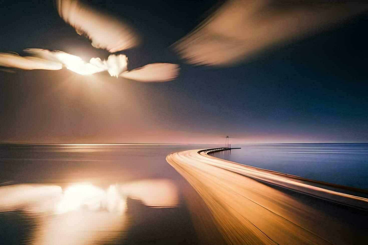 un largo exposición fotografía de un barco en el agua. generado por ai foto