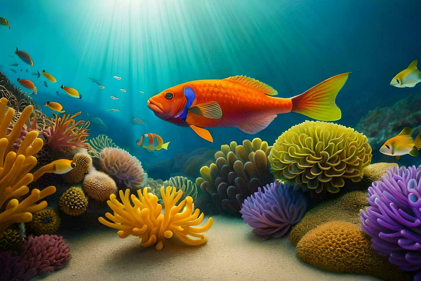 an underwater scene with colorful fish and corals. AI-Generated photo