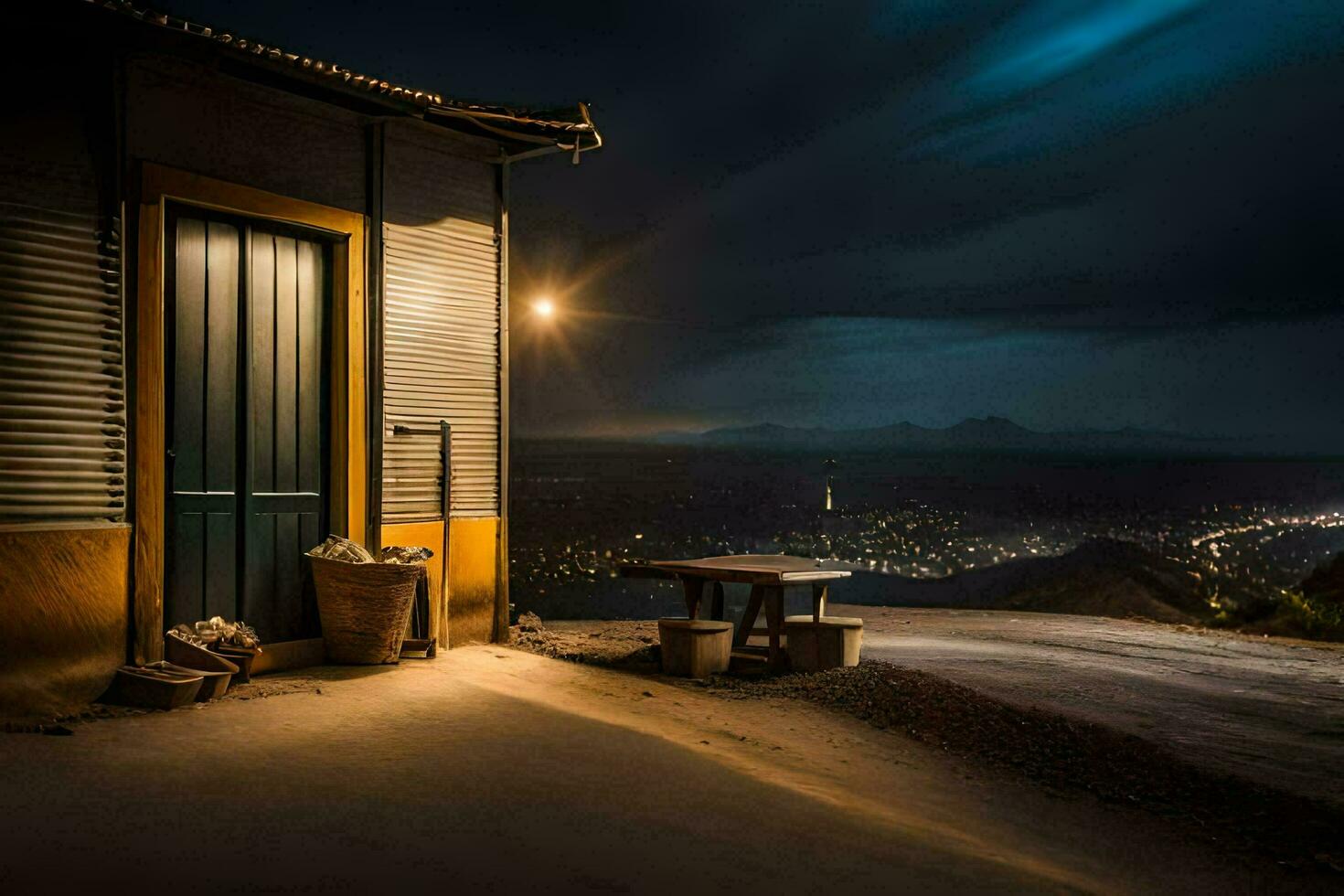 a small house with a table and a door on the side of the road. AI-Generated photo