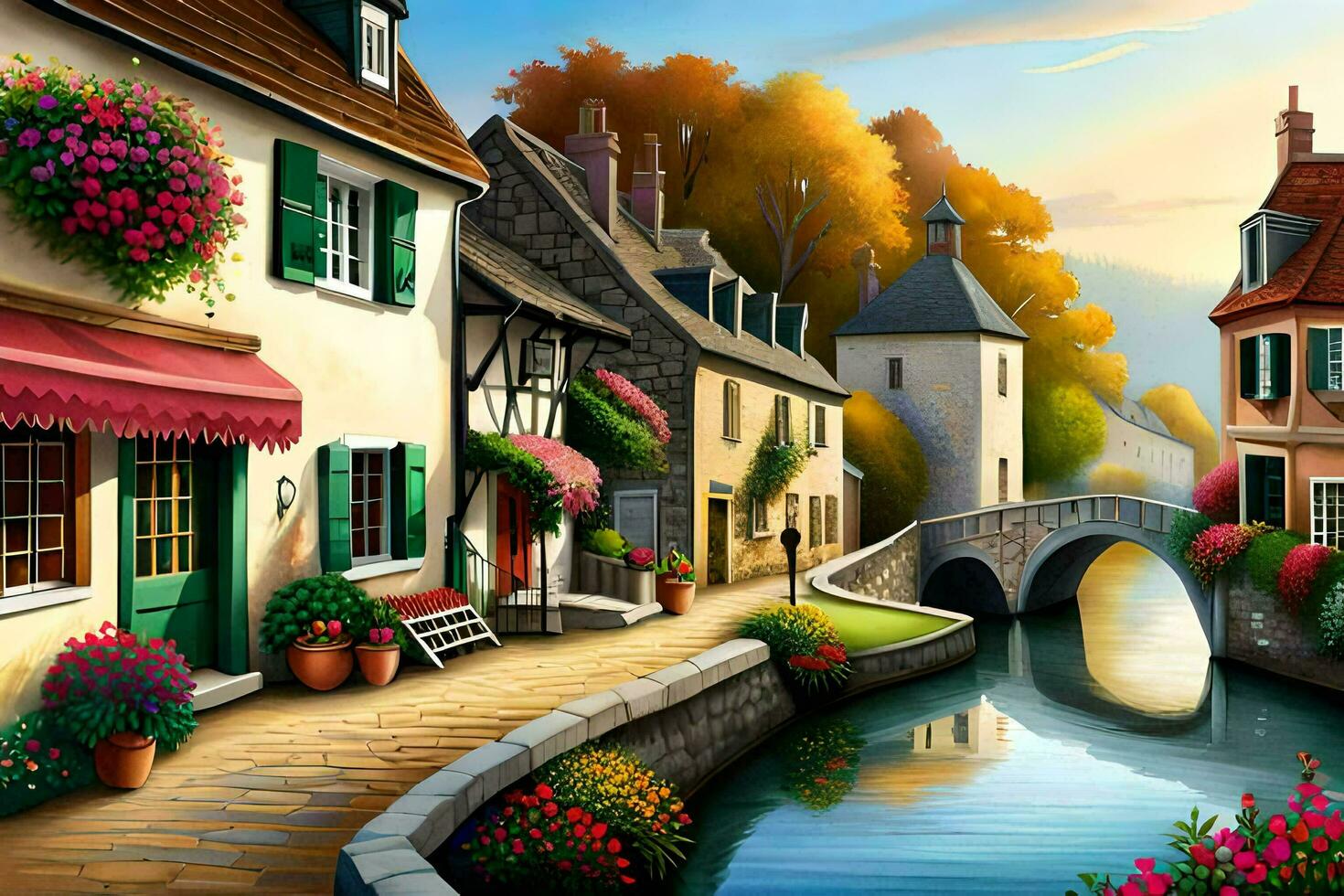 a painting of a small town with a bridge and flowers. AI-Generated photo