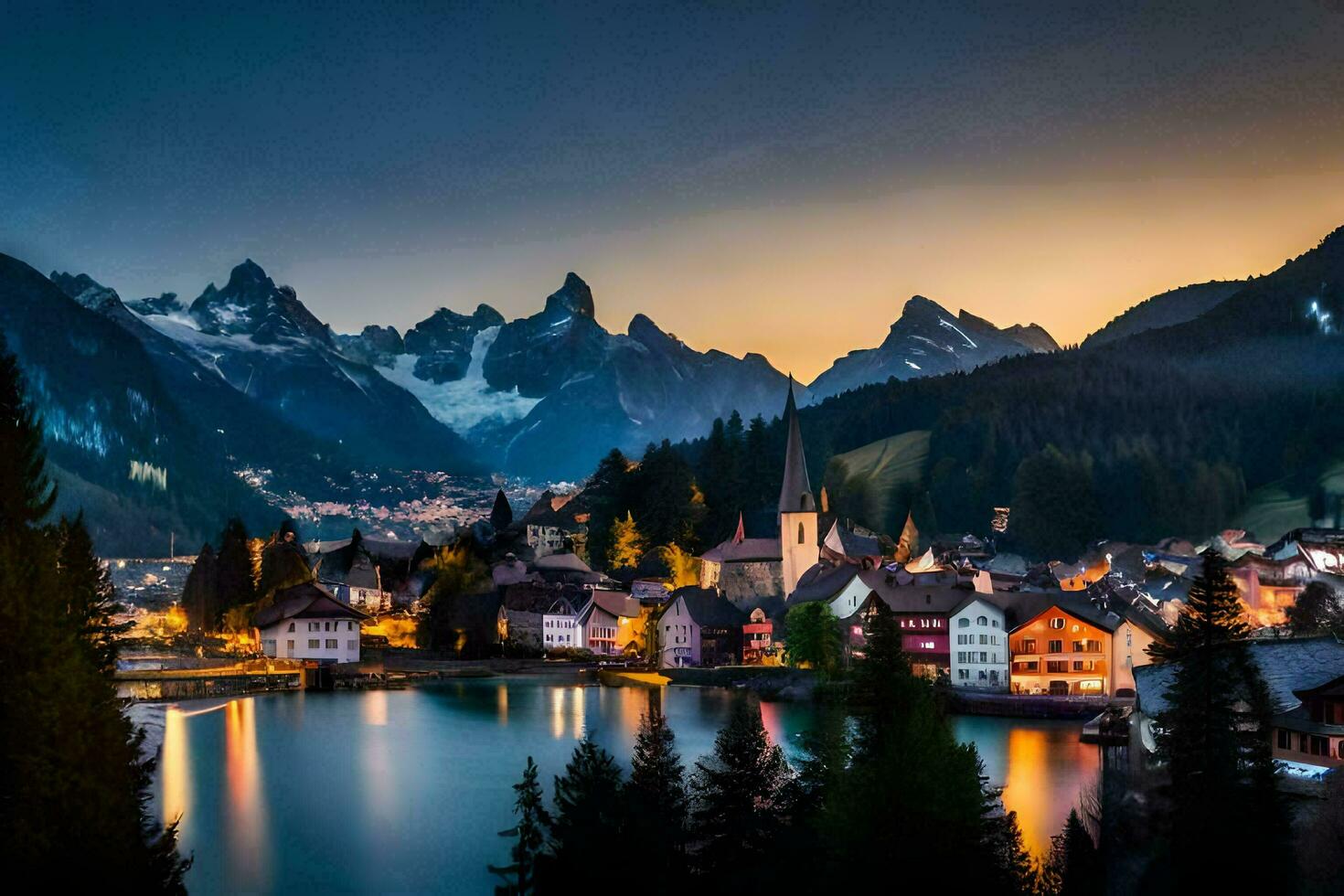 the village of switzerland at dusk. AI-Generated photo