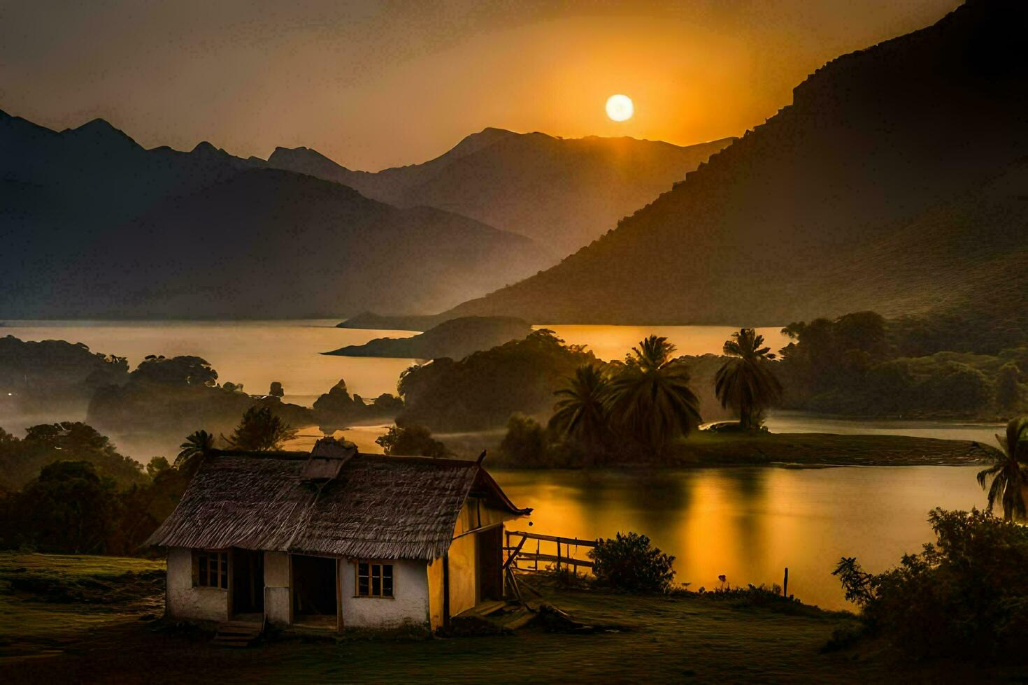 a small house sits on the edge of a lake at sunset. AI-Generated photo