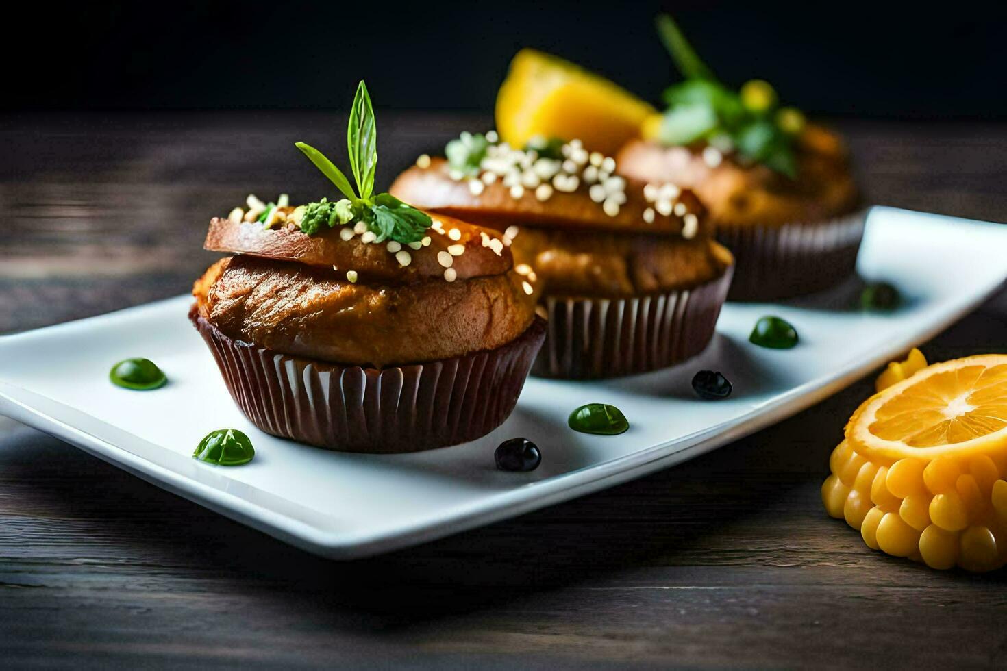 three muffins on a white plate with a slice of orange. AI-Generated photo