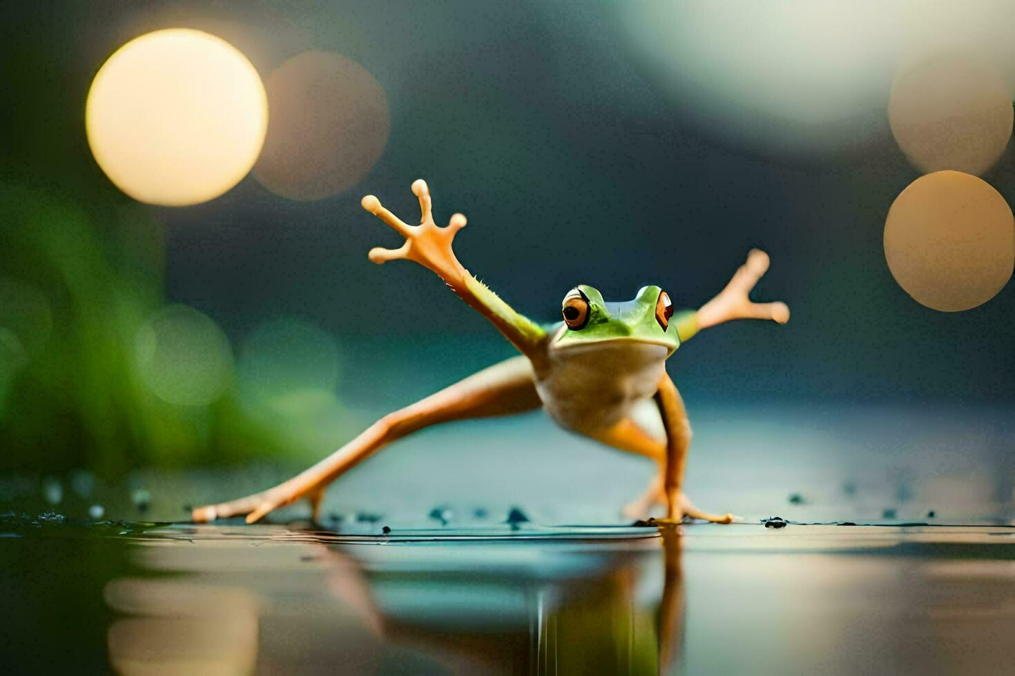 a frog is standing on its hind legs in the water. AI-Generated photo