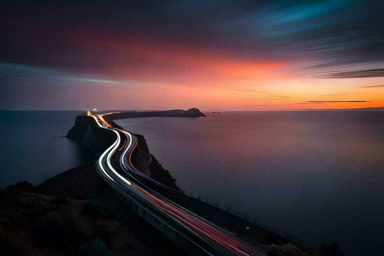 a long exposure photo of a car driving on a bridge over the ocean. AI-Generated