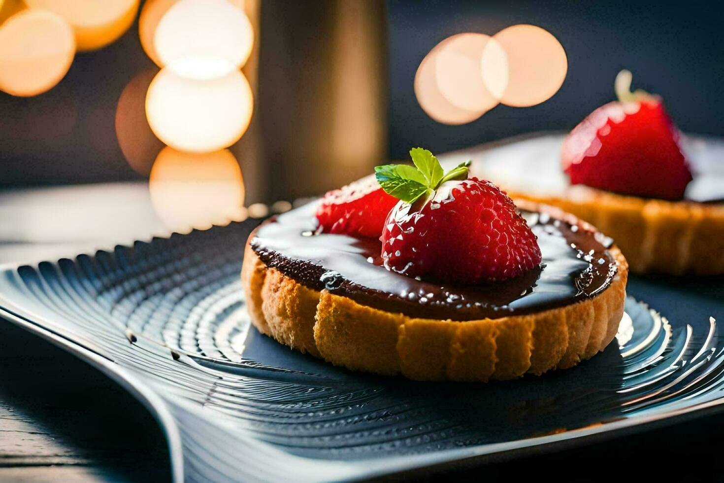 two small desserts with strawberries on a black plate. AI-Generated photo