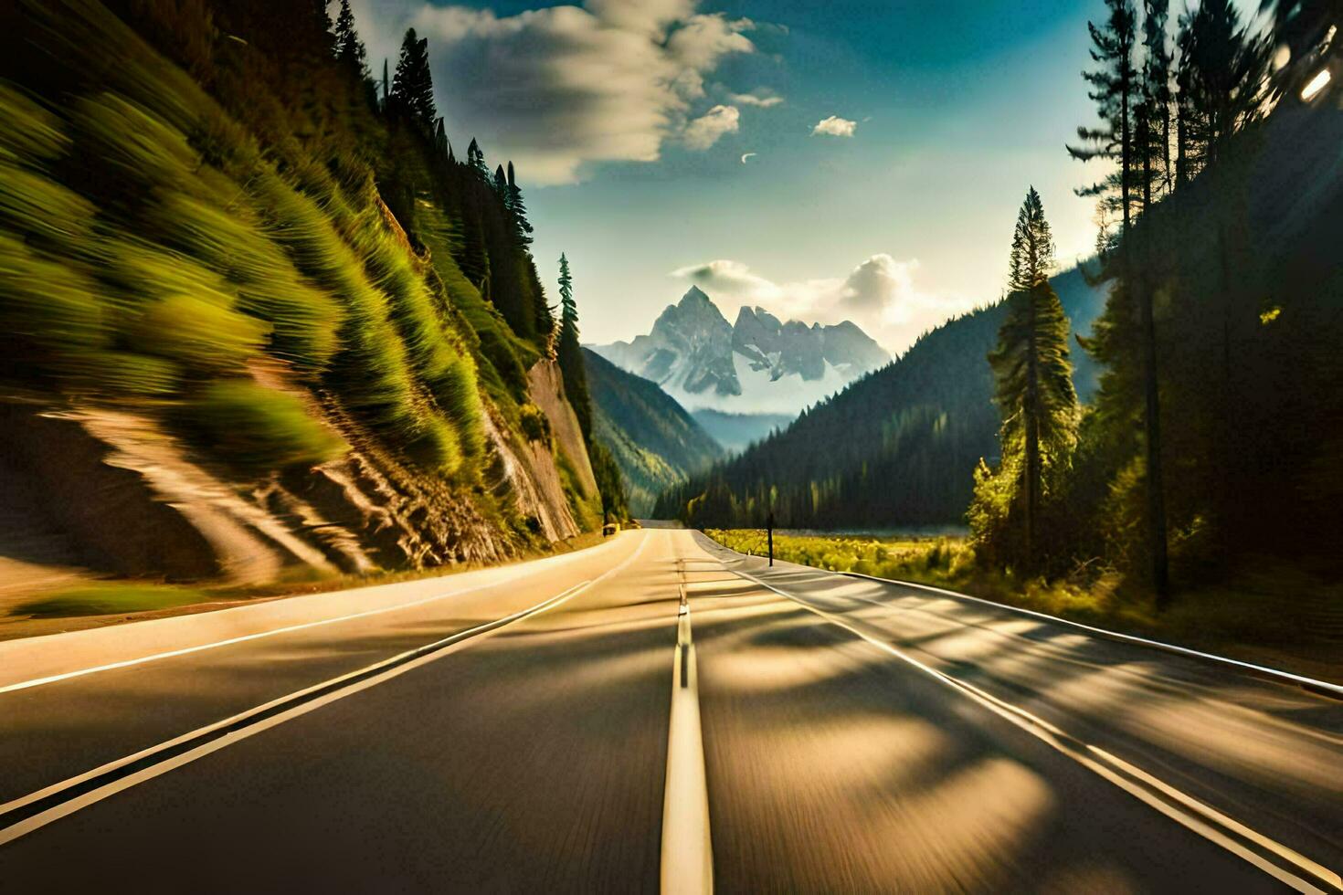 a road in the mountains with trees and mountains in the background. AI-Generated photo