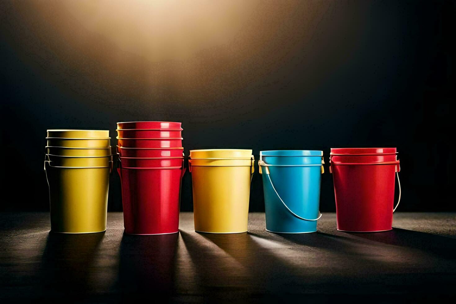 a row of colorful buckets on a dark background. AI-Generated photo