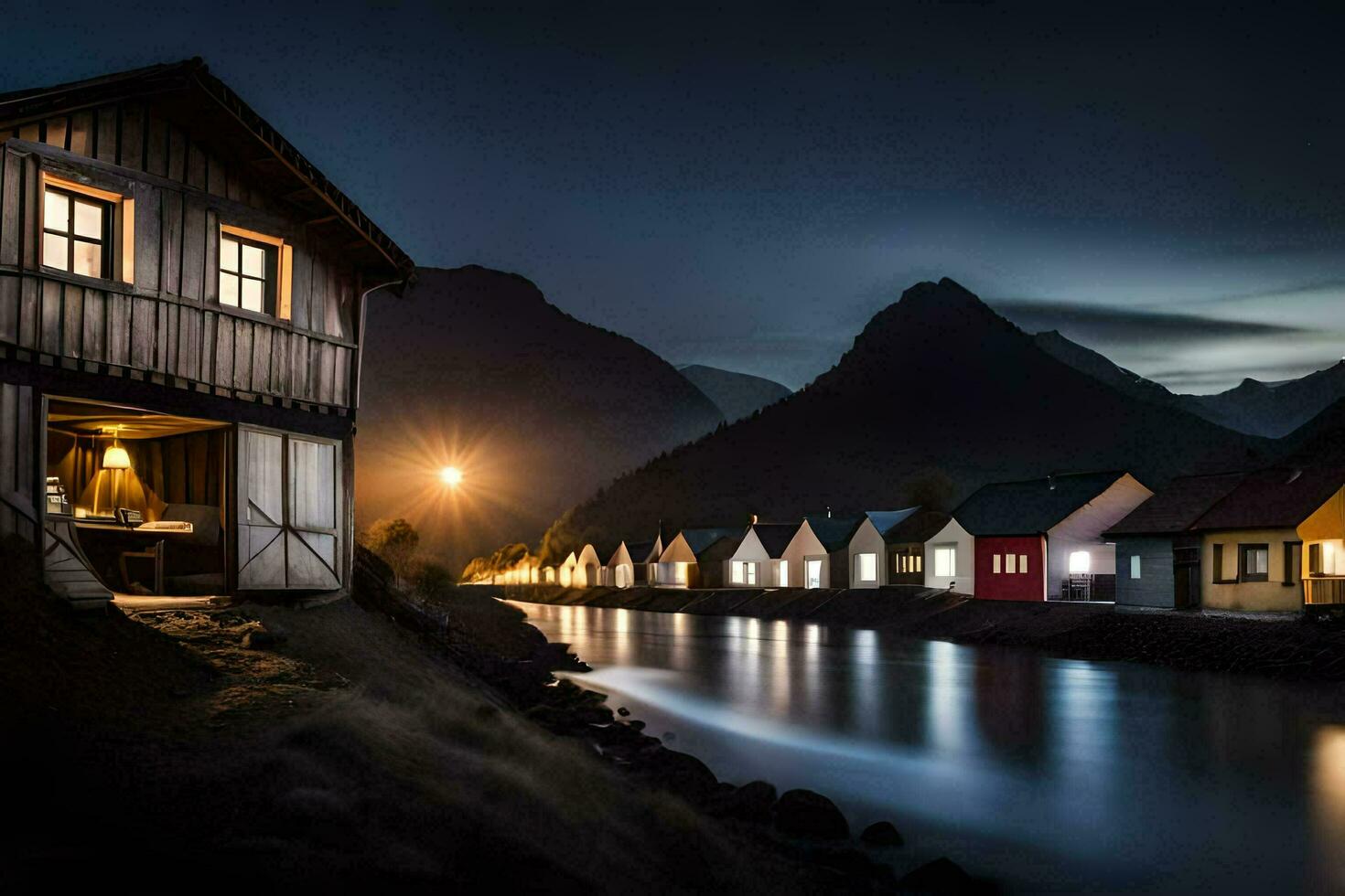 foto fondo de pantalla el noche, casas, Noruega, el lofoten islas, el yo generado por ai
