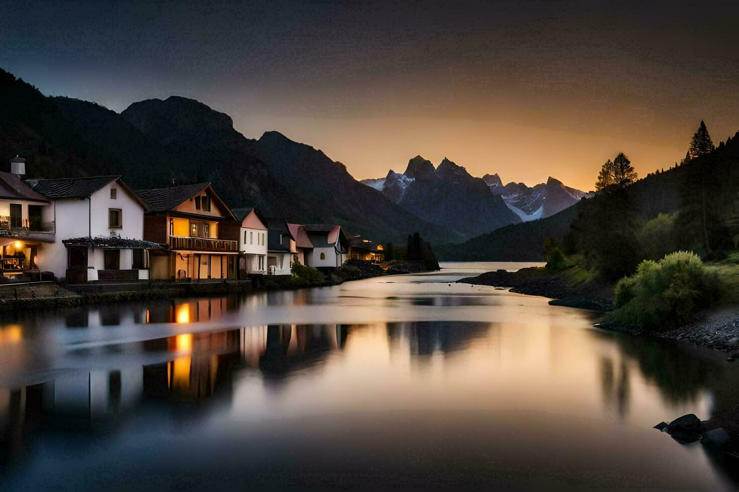 a river and houses in the mountains at sunset. AI-Generated photo