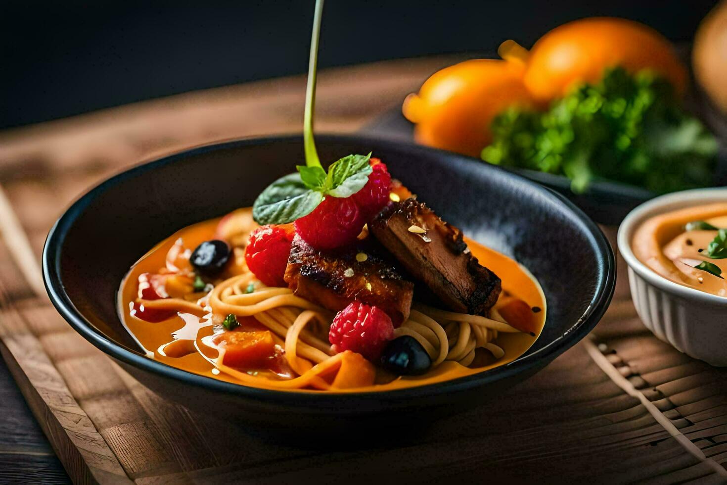a bowl of spaghetti with meat and vegetables. AI-Generated photo