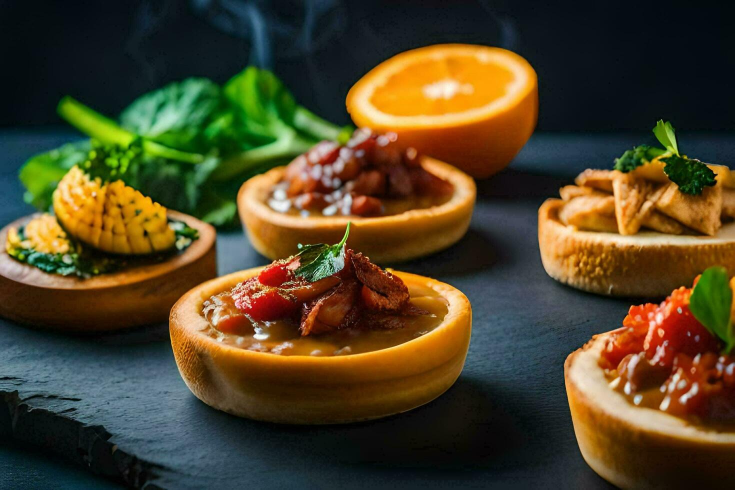 a selection of small pies with different toppings. AI-Generated photo