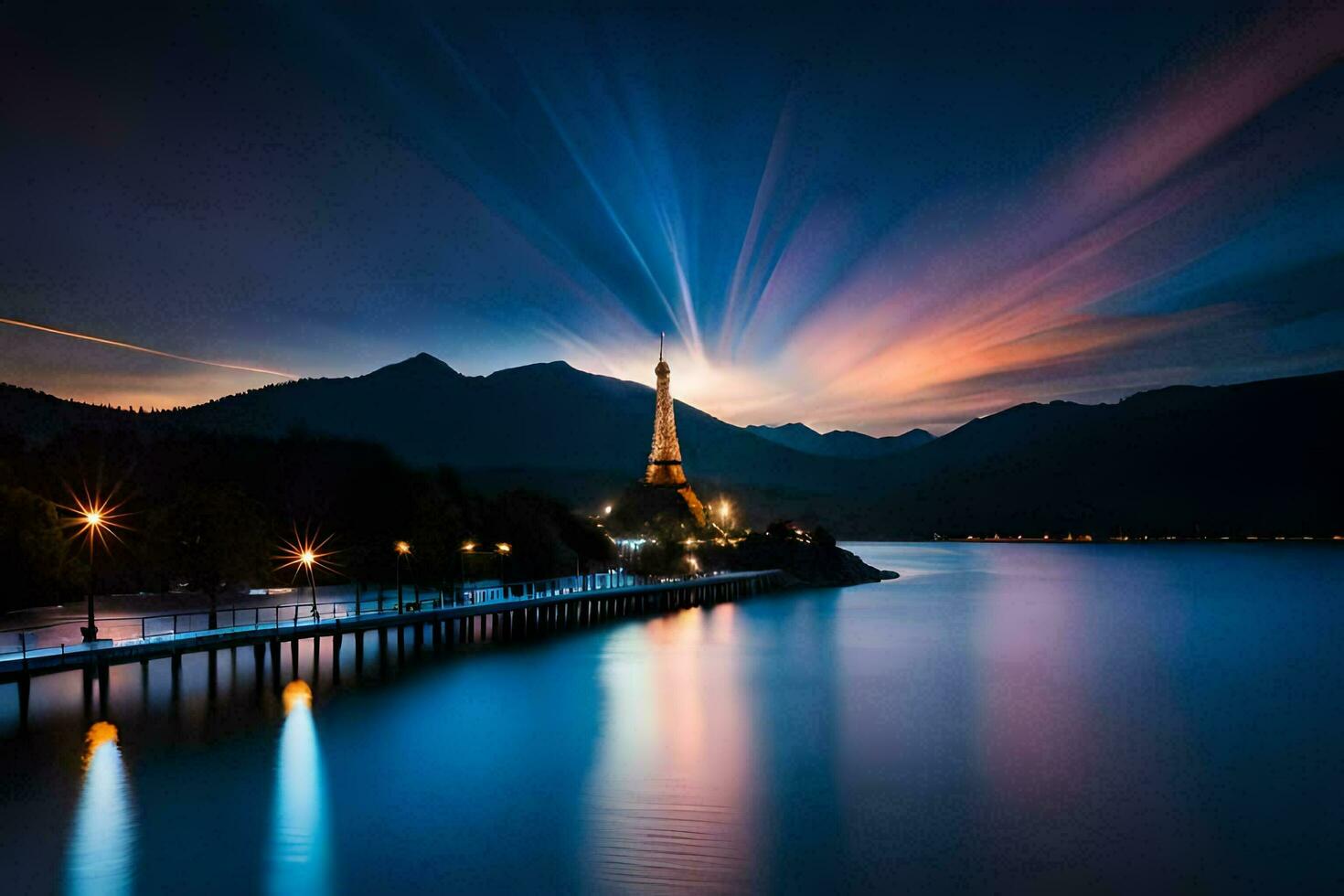 a tower in the mountains at night. AI-Generated photo