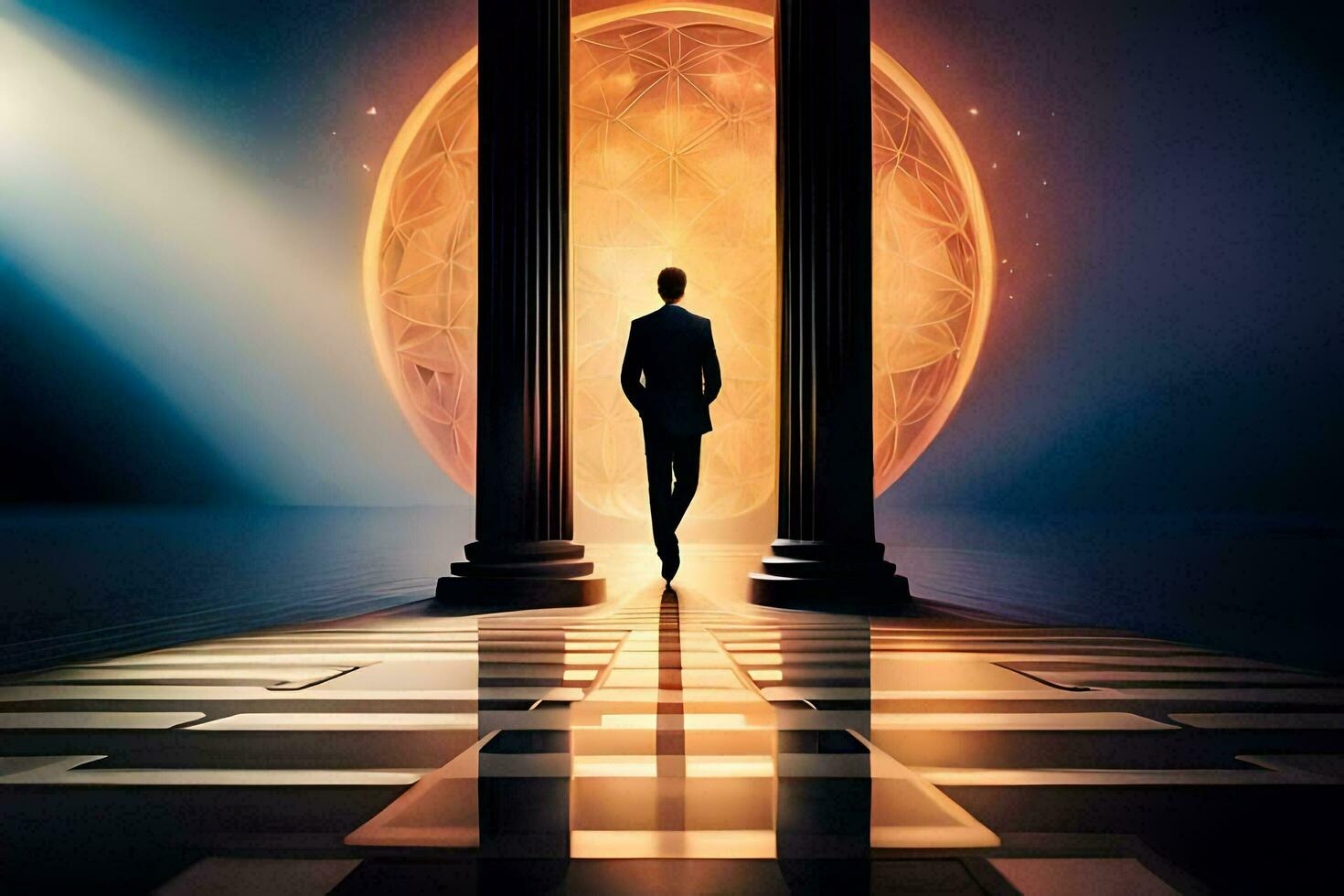 a man in a suit standing in front of pillars. AI-Generated photo