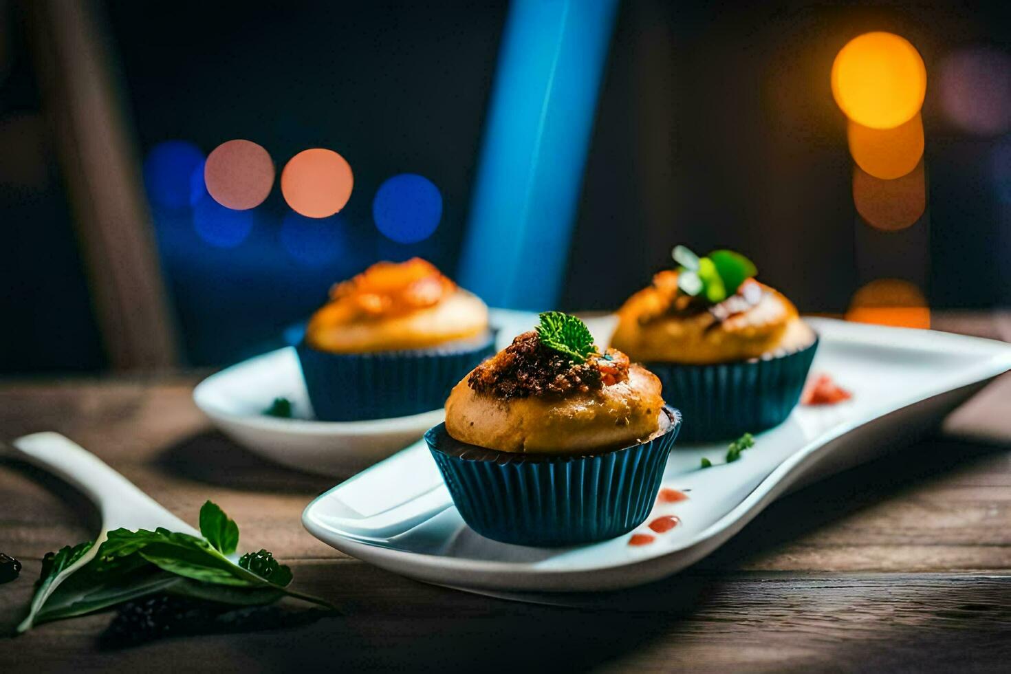 three cupcakes on a plate with a fork. AI-Generated photo