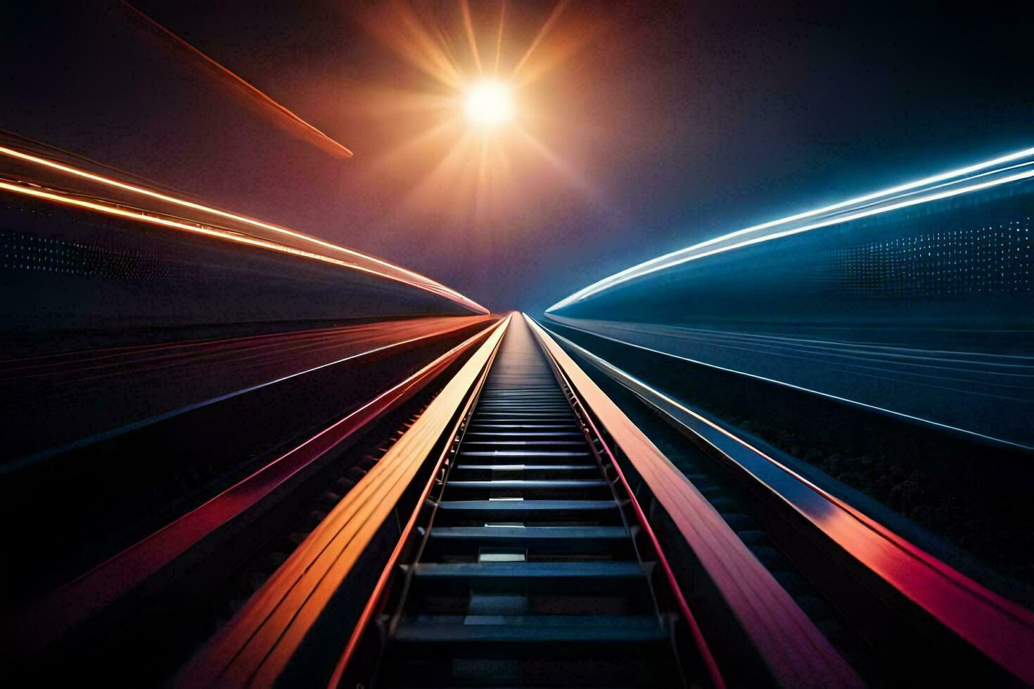 a train track with lights and a bright light. AI-Generated photo