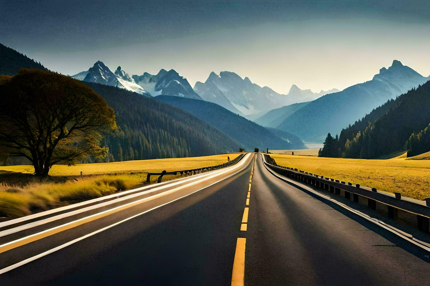 a long road with mountains in the background. AI-Generated photo