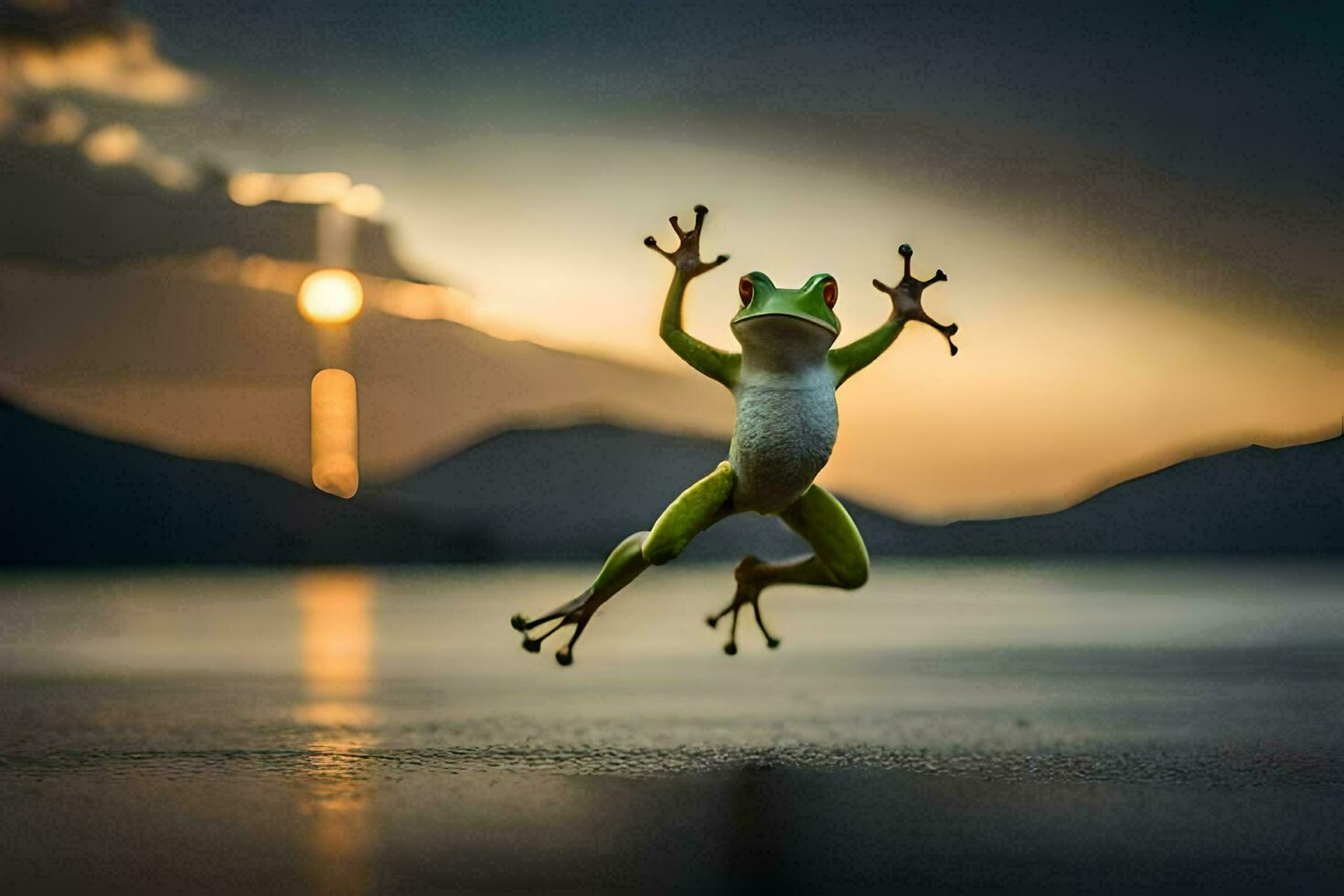 a frog jumping in the air at sunset. AI-Generated photo
