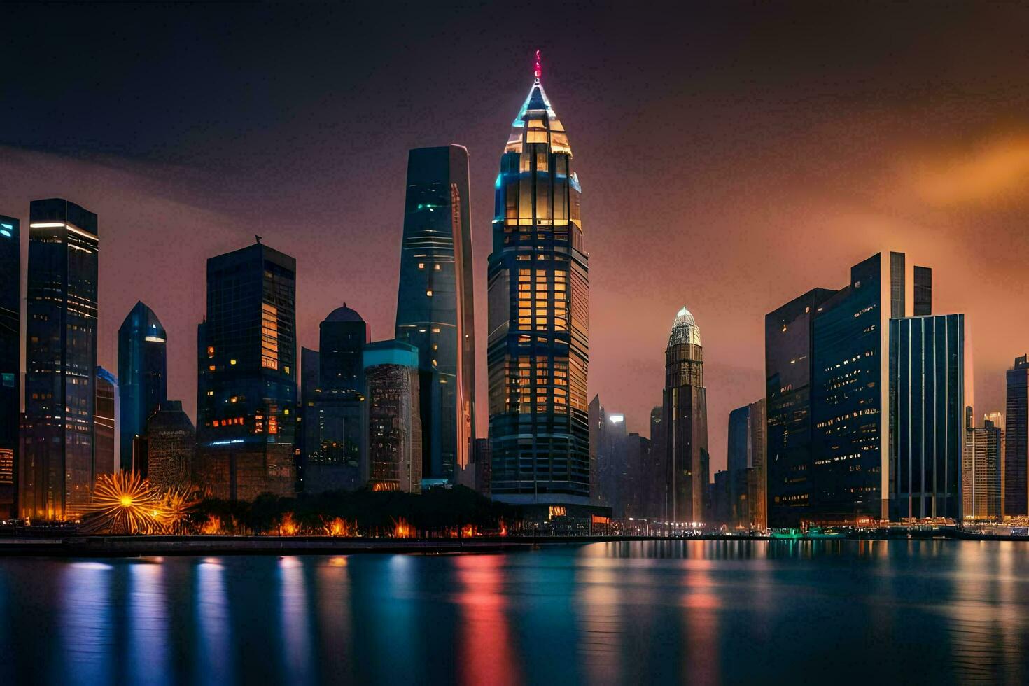 the city skyline at night with lights reflecting off the water. AI-Generated photo