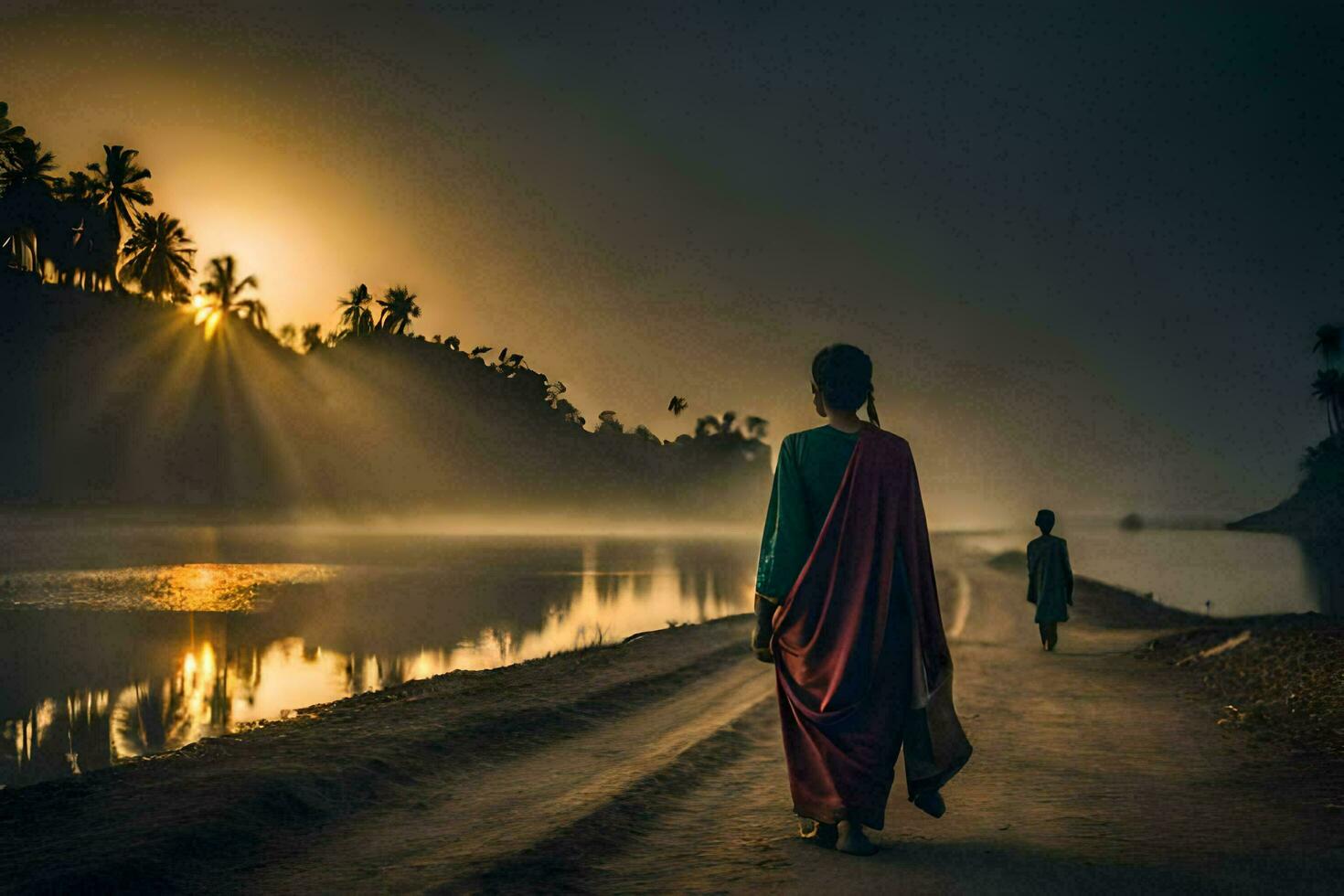 a woman walking down a road at sunrise. AI-Generated photo
