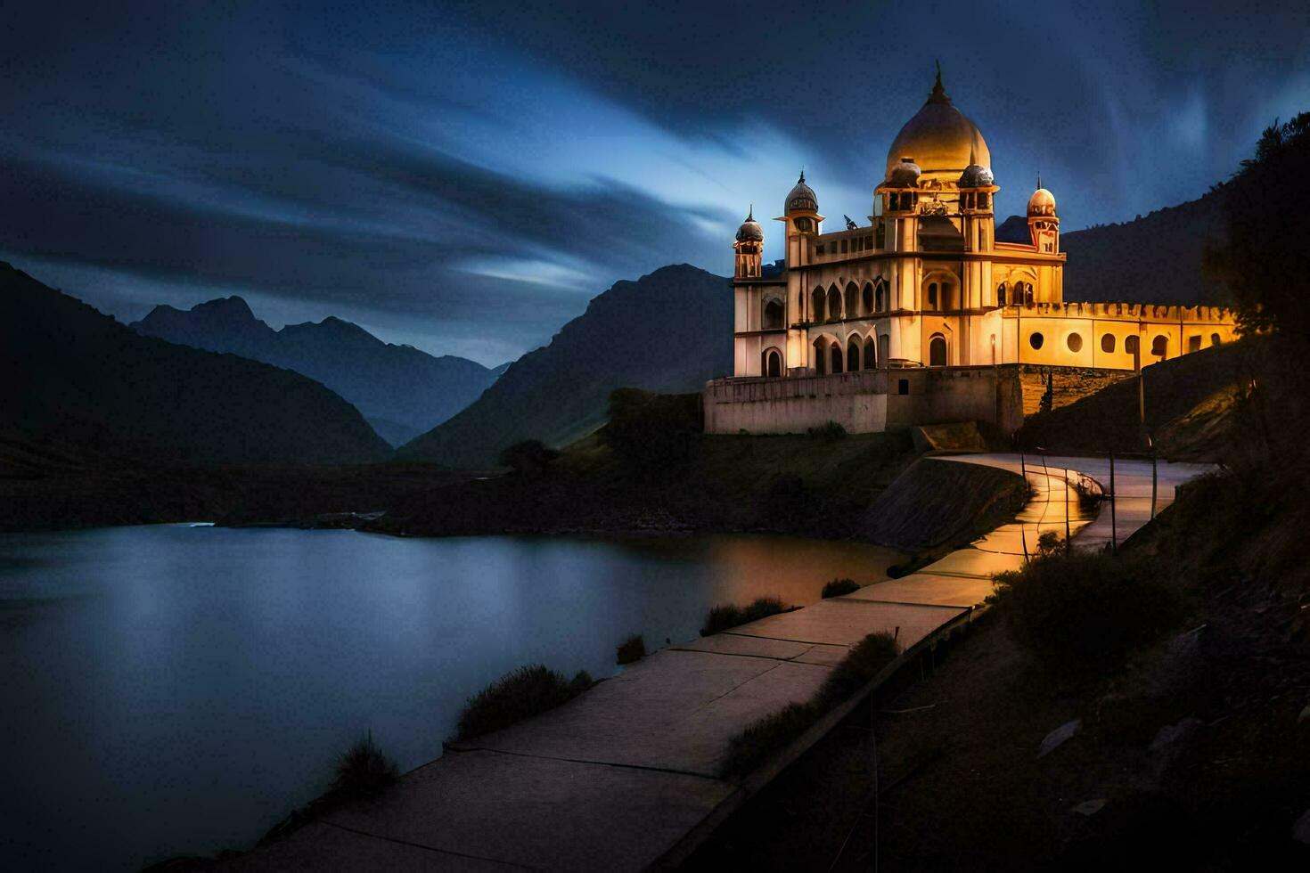 a beautiful castle sits on the side of a lake at night. AI-Generated photo