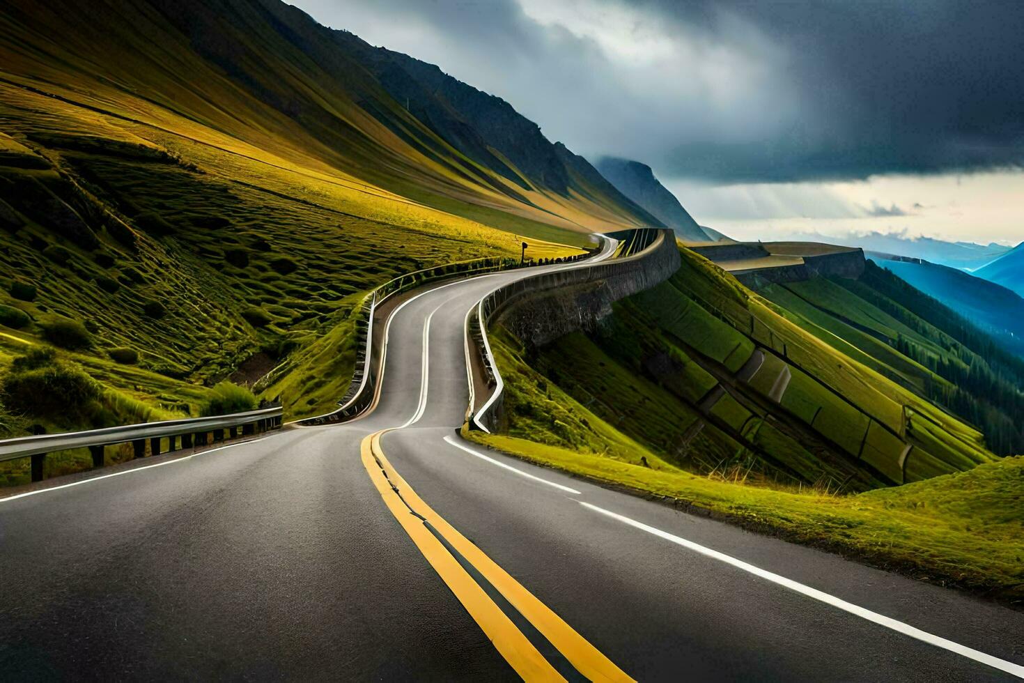 a winding road in the mountains with a stormy sky. AI-Generated photo