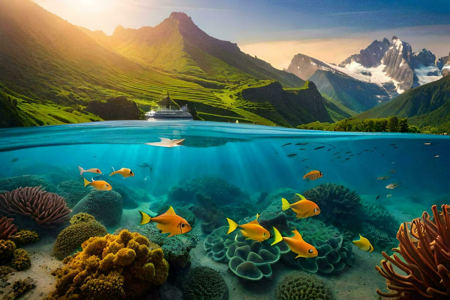 a boat and coral reefs in the ocean with mountains in the background. AI-Generated photo