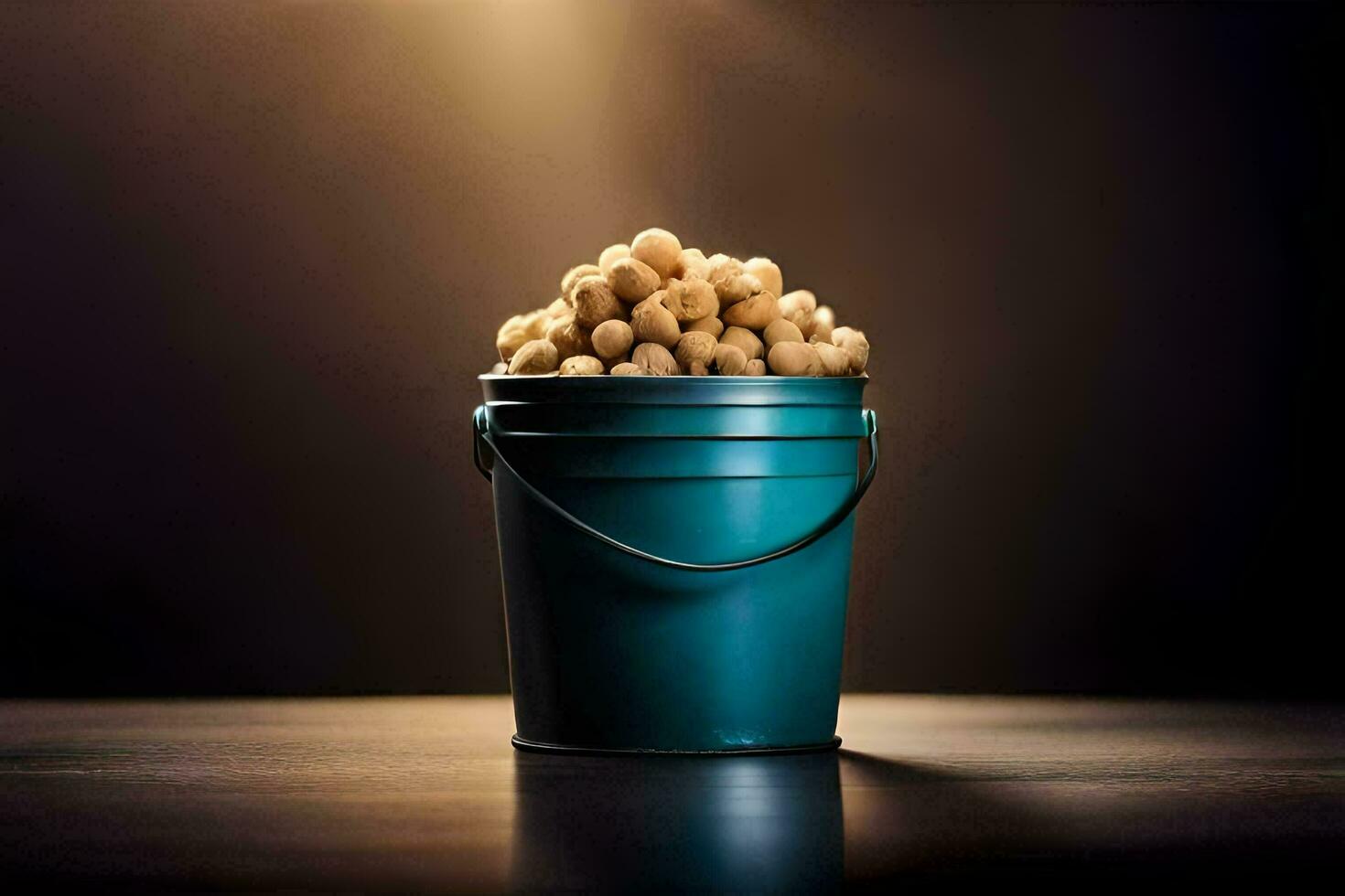 a bucket filled with peanuts on a table. AI-Generated photo