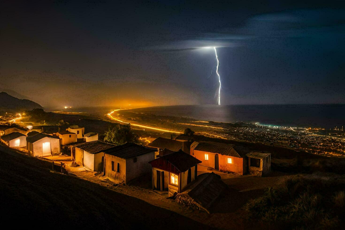 relámpago huelgas terminado un pequeño pueblo a noche. generado por ai foto