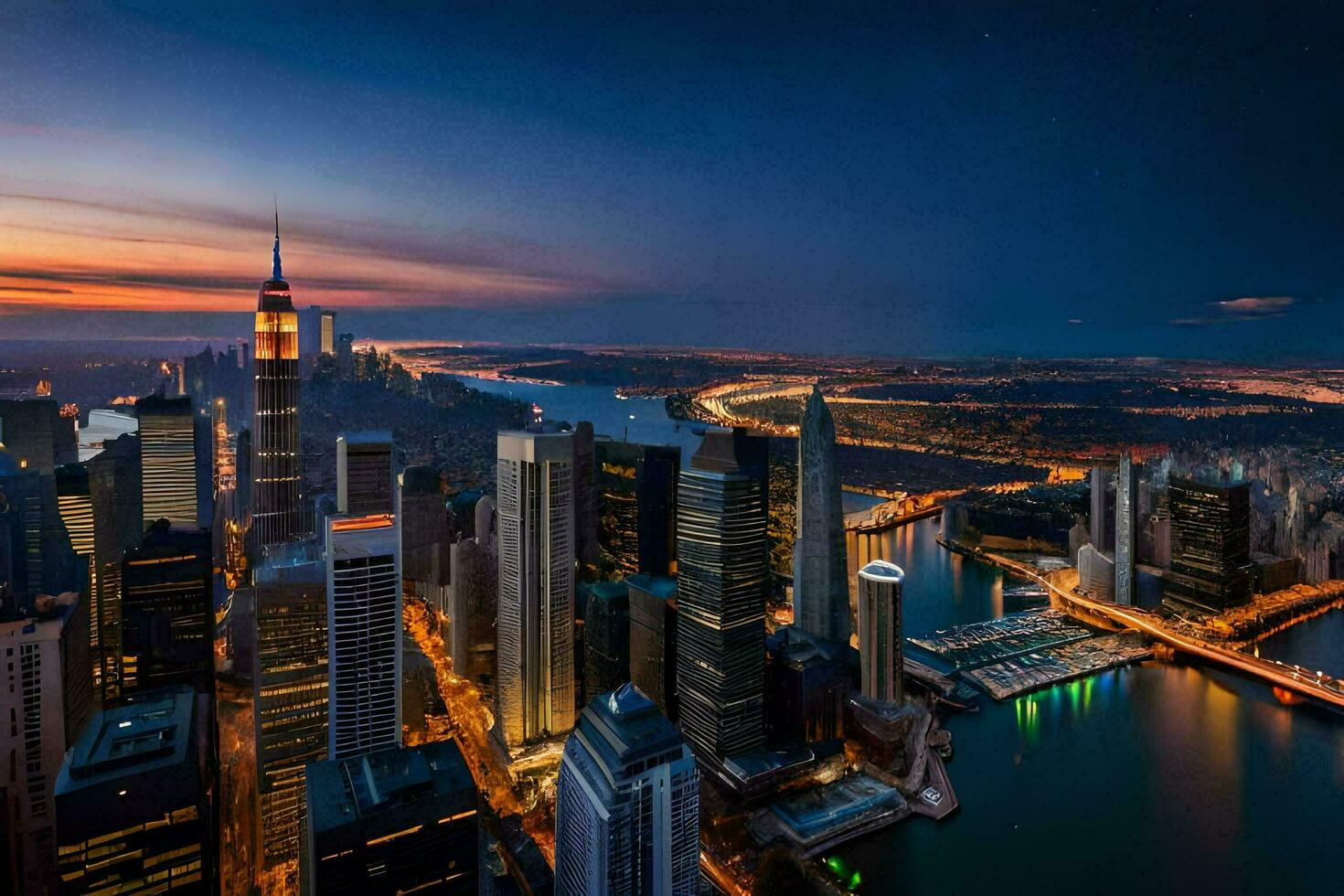 the city skyline at night with the manhattan skyline in the background. AI-Generated photo