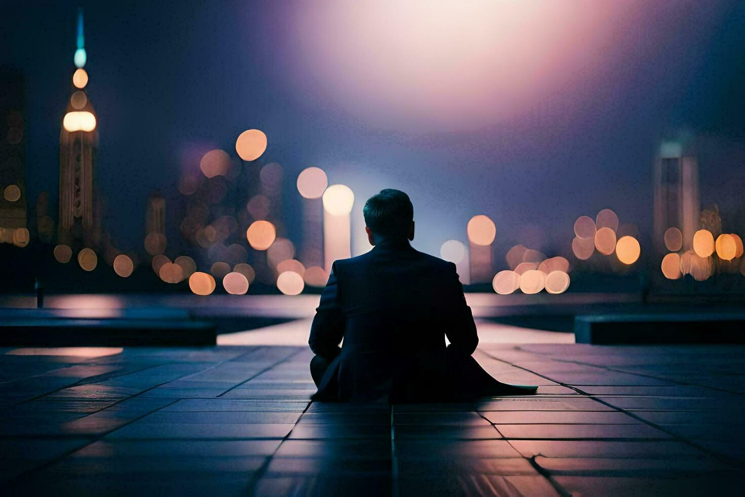 a man sitting on the ground in front of a city at night. AI-Generated photo