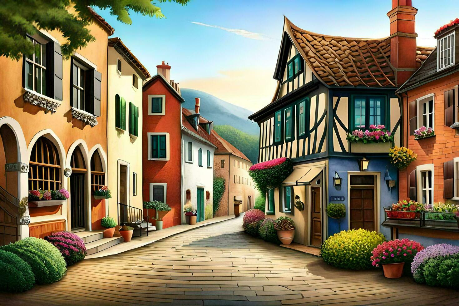 an illustration of a street in a village. AI-Generated photo