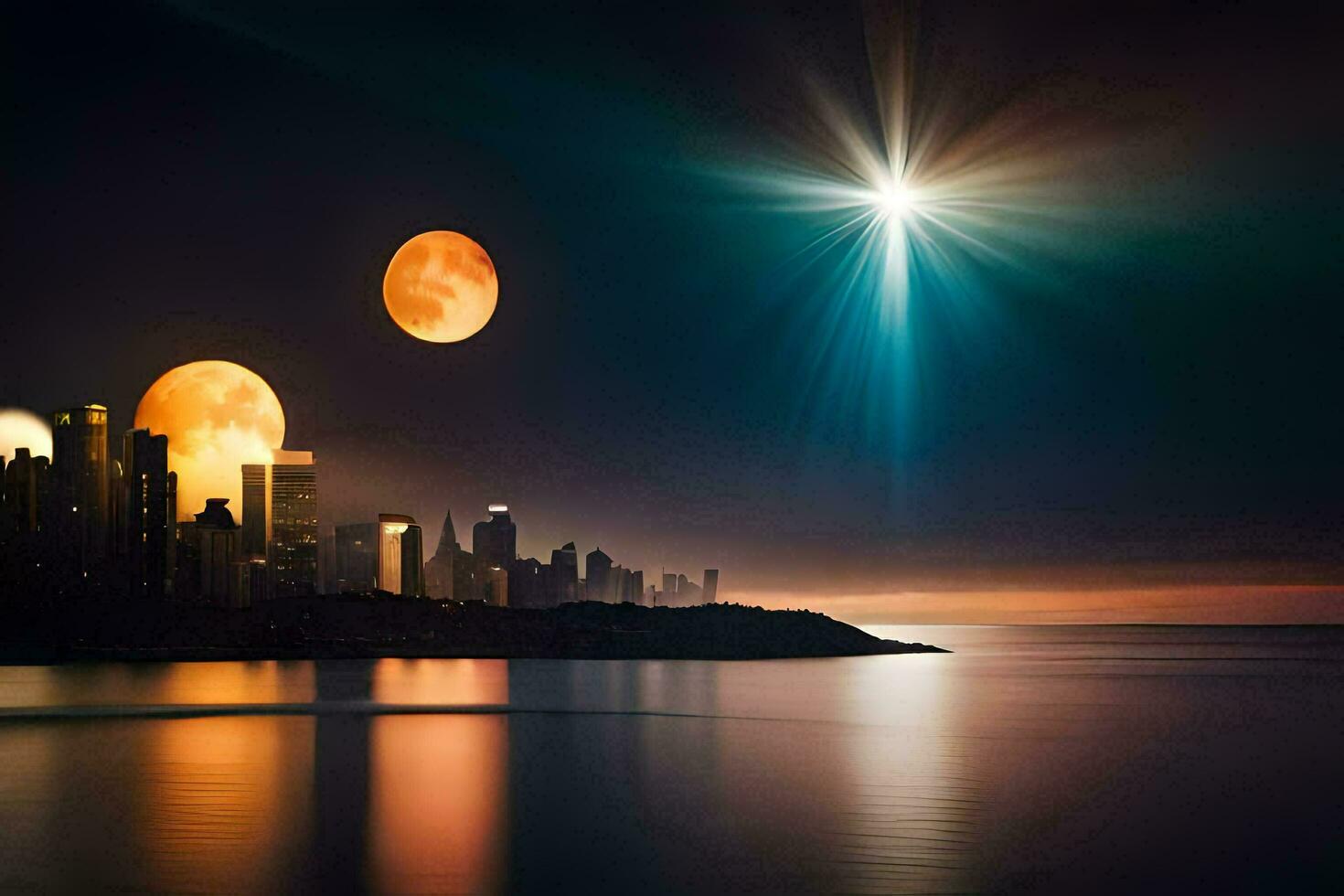 the moon is reflected in the water as it rises over a city. AI-Generated photo