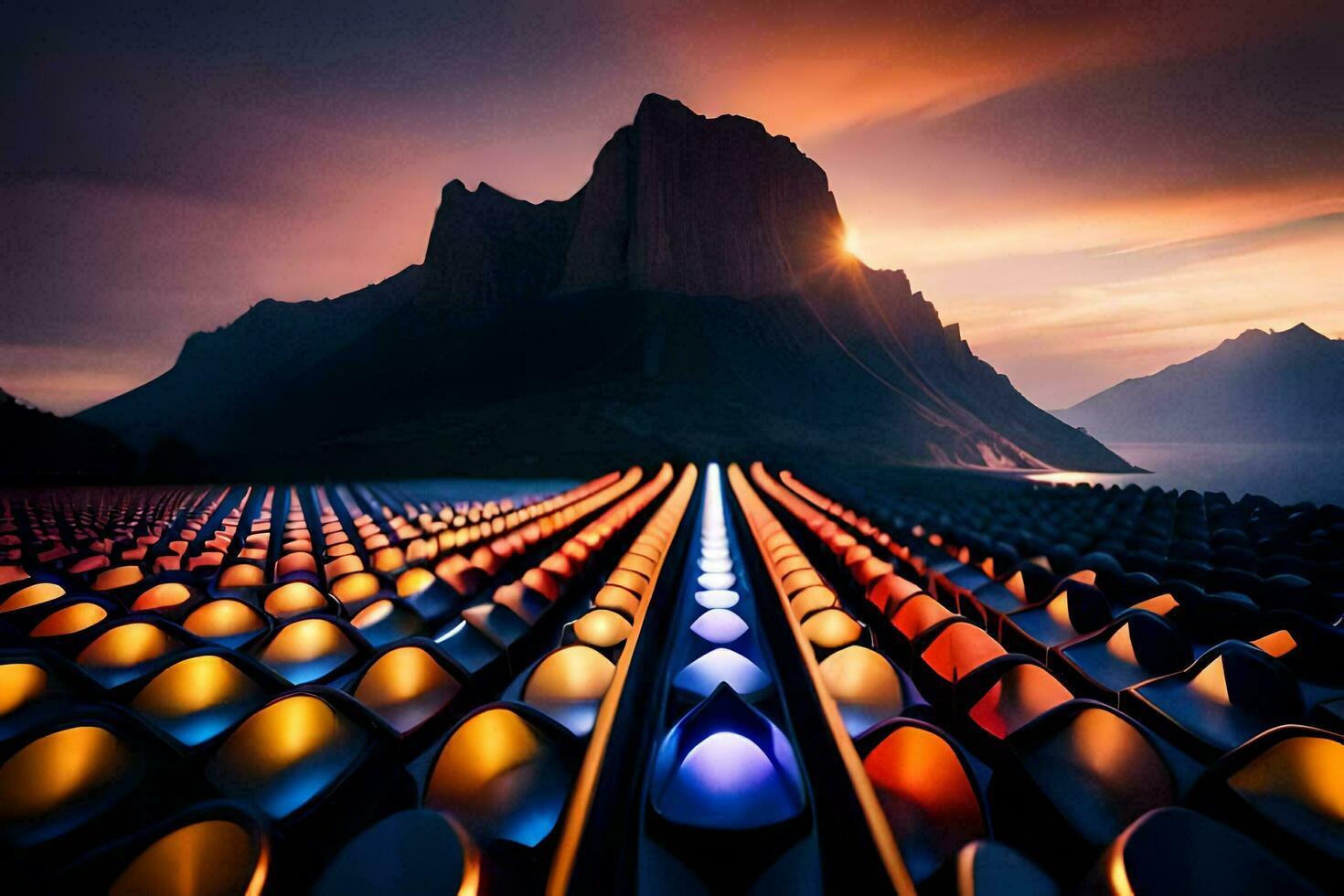 a sunset over a mountain with many colorful pipes. AI-Generated photo