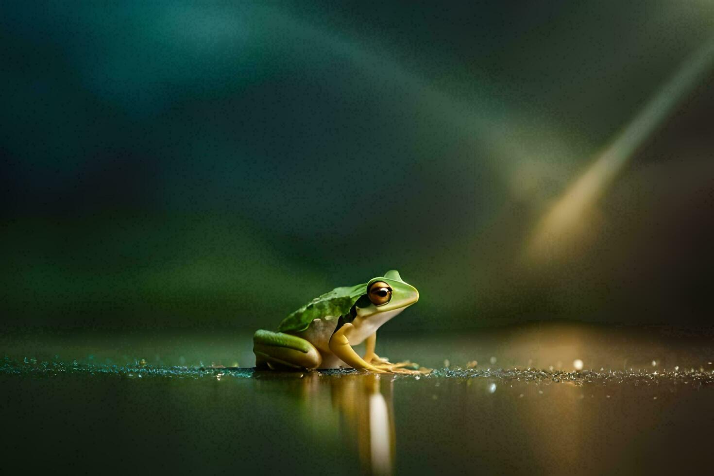 a frog sitting on the ground in the water. AI-Generated photo