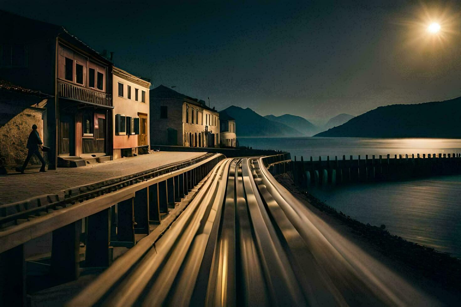 a train tracks along the water with a moon in the sky. AI-Generated photo
