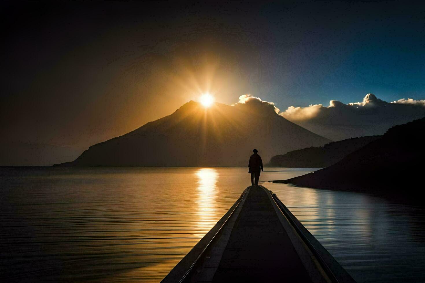 a man standing on a dock looking at the sun. AI-Generated photo