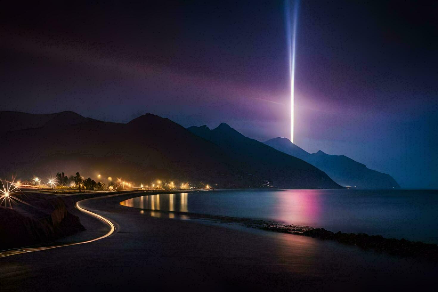 a long exposure photo of a light beam shining over the ocean. AI-Generated