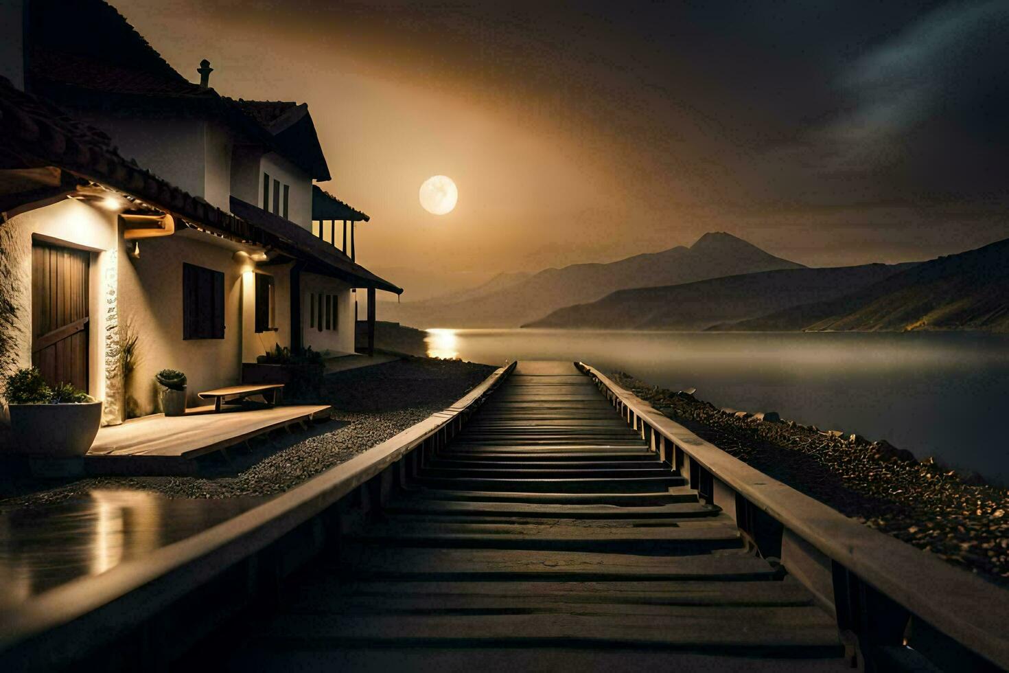 a wooden walkway leads to a house on the shore of a lake. AI-Generated photo