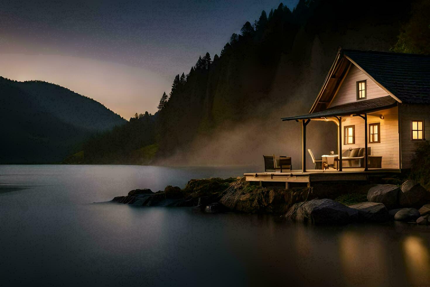 photo wallpaper the sky, lake, fog, mountains, house, lake, cabin, the house. AI-Generated