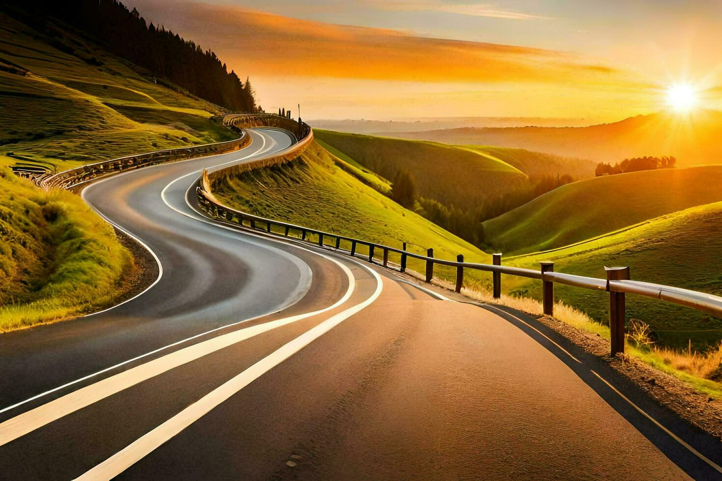 a winding road with the sun setting behind it. AI-Generated photo