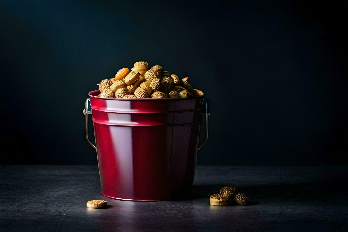 a red bucket filled with peanuts on a dark table. AI-Generated photo