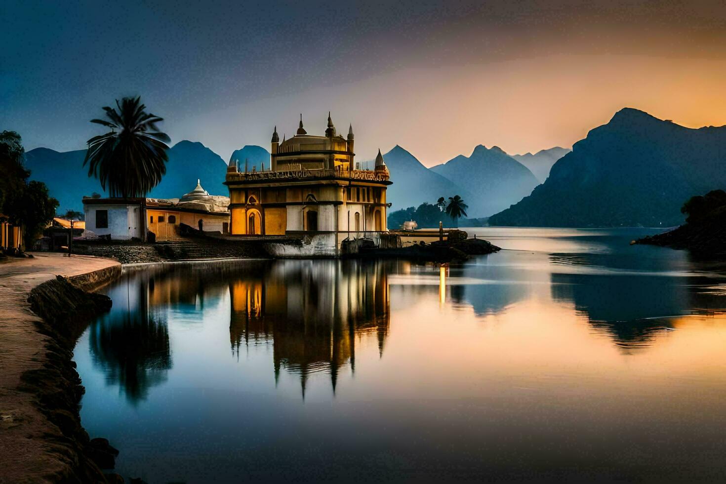 el dorado templo en el medio de el lago. generado por ai foto