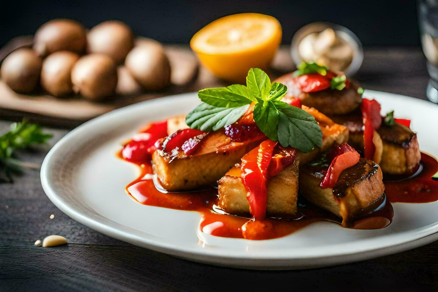 a plate of food with tofu and vegetables. AI-Generated photo